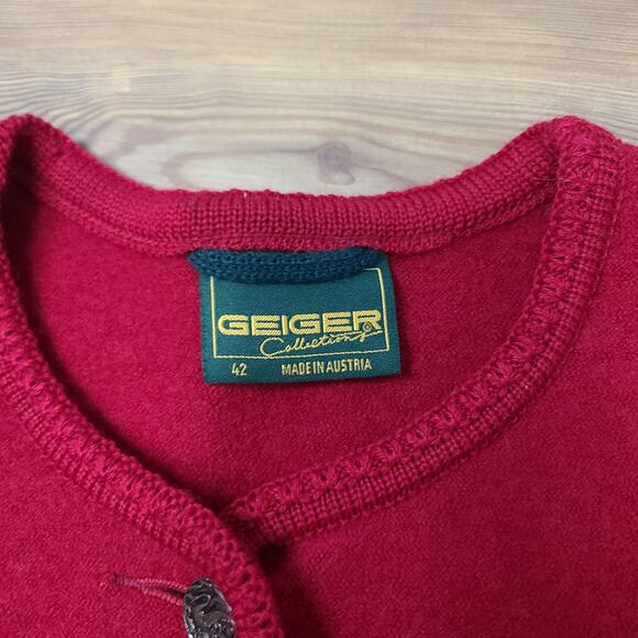 VTG Geiger Austria Womens Red Boiled Wool Size 42 Large Sweater Cardigan Preppy - Picture 6 of 11